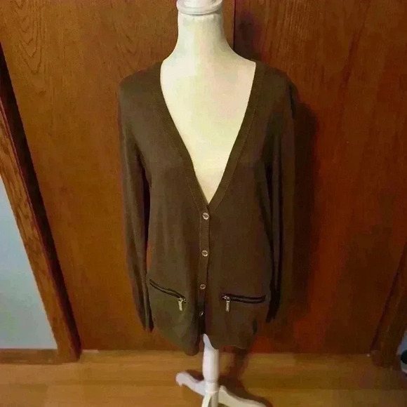 Michael Kors Cardigan Women's Medium Olive Green/Brownish. Logo Buttons & Zipper - Picture 1 of 14